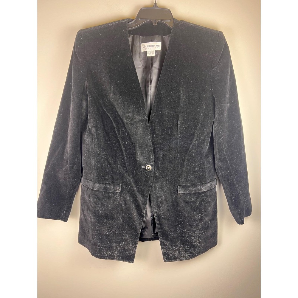 Vintage 90s Liz Claiborne Women's Sz 10 Black Sparkle‎ Velvet Collarless Blazer